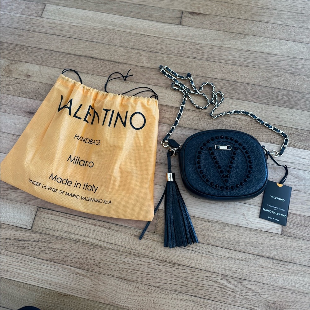 Valentino By Mario Valentino Nina Rock Black Leather Crossbody Purse Bag